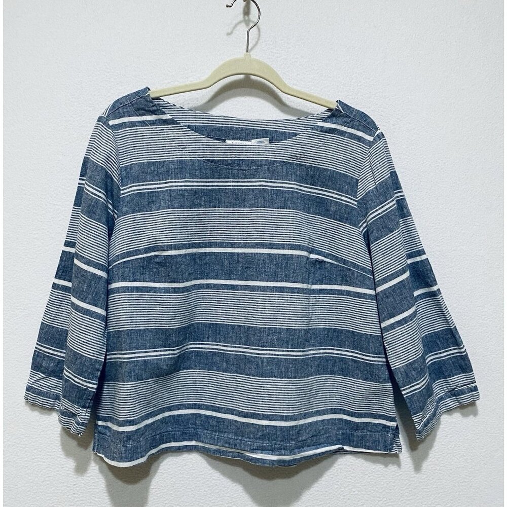 Sigrid Olsen Top Womens Large Blue Striped Linen Cotton Nautical Preppy Classic